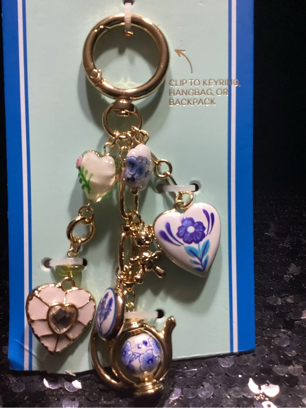 piper.k Gold & Blue Floral Glass Bag Charm Key Chain